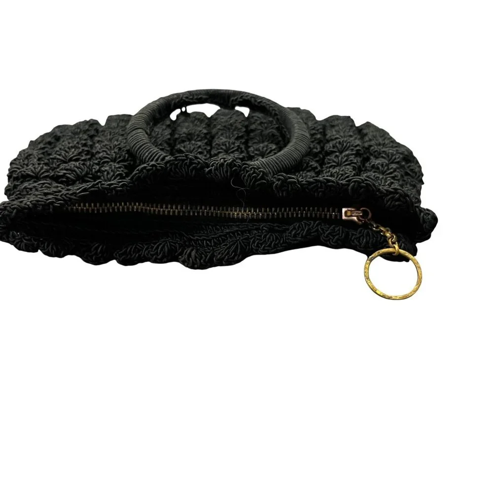 Vintage Black Crocheted Popcorn Stitch Handbag Small Purse Mid Century Used - Picture 13 of 16